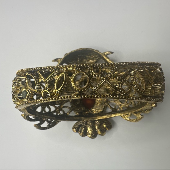 Antiqued Tone Owl Clamper Bracelet Rhinestone Statement Goth Heart Crystal Cuff - Picture 7 of 9